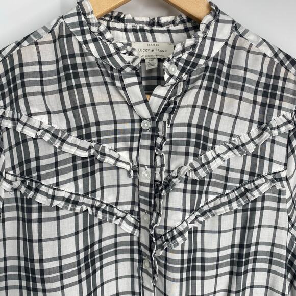 Lucky Brand Top Women’s Small Black & White Plaid Ruffle Edge Fall Classic - Picture 3 of 10